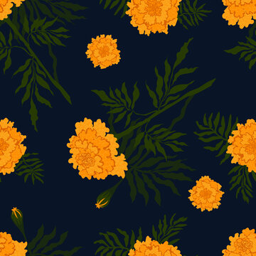 Bright autumnal floral pattern with marigolds on deep blue background