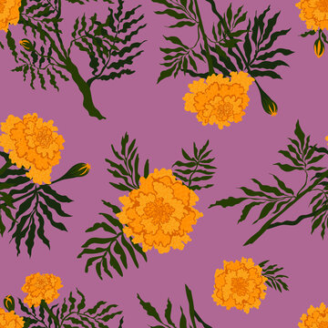 Bright autumnal floral pattern with marigolds on orchid background