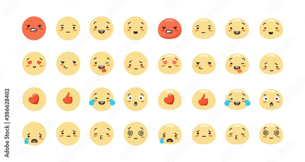 Poster cartoon emoji set. emotions of characters red like with heart joyful and sad faces expression of suc