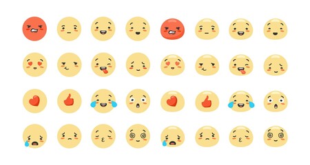 Cartoon emoji set. Emotions of characters red like with heart joyful and sad faces expression of success and yellow surprise crying and lovingly touching feelings in vector social networks.