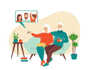 Happy gray-haired mature couple talking on video call. Concept of remote communication with grandparents through a smartphone. Modern technologies for retirement, elderly and age. Vector illustration