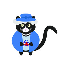 Cute cat british queen Elizabeth in a blue jacket, a blue hat and a handbag in her hands with a british flag. Doodle flat illustration vector