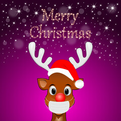Fototapeta na wymiar Reindeer wishing Merry Christmas with Covid-19 face mask - illustration