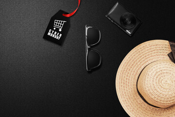 Cyber Monday label tag with red ribbon on black background