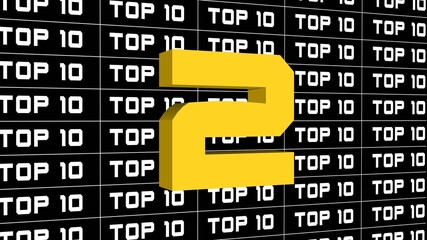 Abstract graphic 3D illustration - digits of the top 10 in changing colors - single shown number 2 - repeated TOP 10 lettering in white color arranged on black background