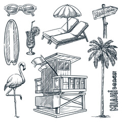 Miami beach landmark symbols. Florida vacation design elements set. Vector doodle sketch illustration
