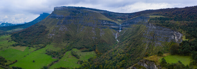 Autumn landscape at the San Miguel waterfall in the Angulo Valley of the Mena Valley in the Merindades of the province of Burgos. Castilla y Leon, Spain, Europe