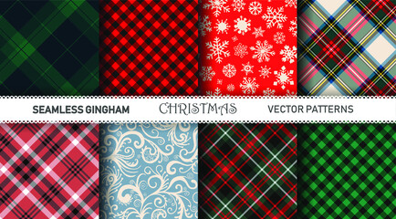 Seamless vector plaid patterns. Set of Christmas tartan gingham patterns. Collection of happy new year traditional backgrounds. For packaging, fabric, textile, cover etc.