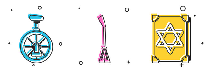 Set Unicycle or one wheel bicycle, Witches broom and Ancient magic book icon. Vector. © Oksana