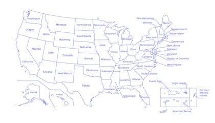 Outline Political US Map with titles of the states. All USA regions are separated and named in a layer panel.