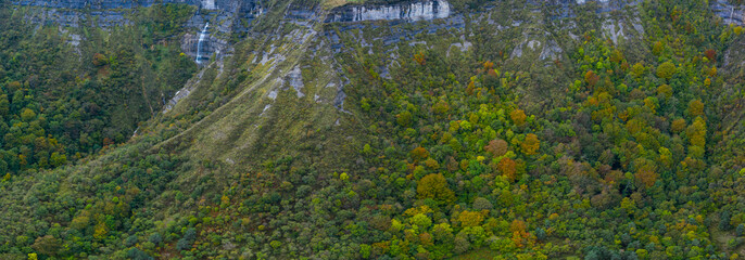 Autumn landscape at the San Miguel waterfall in the Angulo Valley of the Mena Valley in the Merindades of the province of Burgos. Castilla y Leon, Spain, Europe