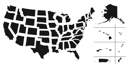 Set of separated American states. Divided USA map. All the countries are named in the layer panel. - obrazy, fototapety, plakaty