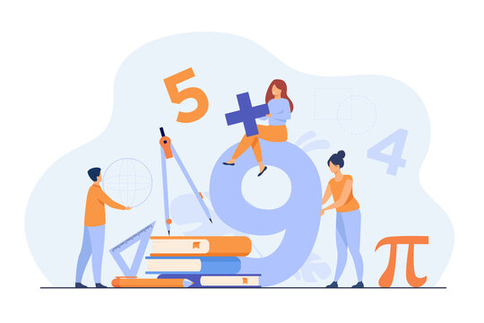 Happy students learning math in college or school isolated flat vector illustration. Cartoon digits, geometry figures, algebra formulas and arithmetic symbols. Education and knowledge concept
