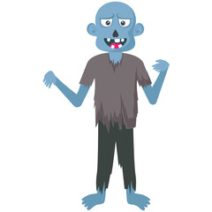 
A  blue faced halloween character grumpy standing in red shirt
