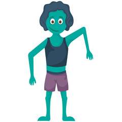 
Bald head with green body and unsteady movement silly alien type character denoting creepy adult for halloween makeup 
