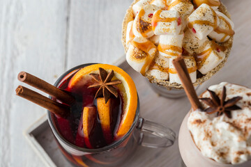 Mulled wine, hot chocolate and eggnog