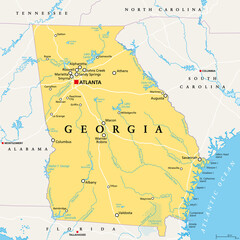 Georgia, GA, political map, with capital Atlanta and largest cities. State in the southeastern region of the United States of America. Peach State. Empire State of the South.  Illustration. Vector.