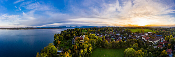 Fototapeta na wymiar Aerial view, Bernried Abbey, Lake Starnberg, Pfaffenwinkel, Upper Bavaria, Bavaria, Germany