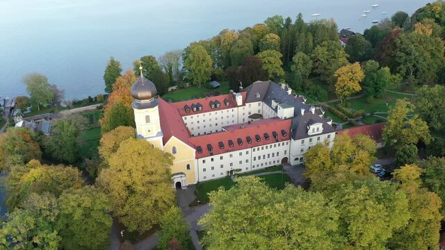 Aerial view,flight at  Bernried Abbey, Lake Starnberg, Pfaffenwinkel, Upper Bavaria, Bavaria, Germany