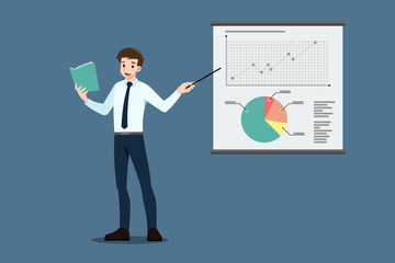 Businessman pointing to the screen for educate, presentation, meeting, conference, mentor, coach on seminar, annual report training concept. Business company briefing and discussion analysis.