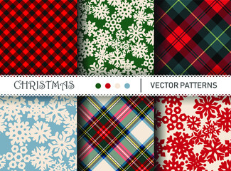 Seamless vector plaid patterns. Set of Christmas tartan gingham patterns. Collection of happy new year traditional backgrounds. For packaging, fabric, textile, cover etc.