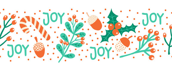 Seamless Christmas border hand drawn vector illustration candy cane, mistletoe, nut, joy lettering. Decorative horizontal repeating Winter holiday art for greeting card decor, banner, ribbon, footer