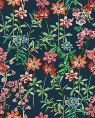 Embroidery Vector Flowers and Leaves Scribble Style Fashion Print Stylish Texture Elegant Concept Colorful Garden Look Wild Florals