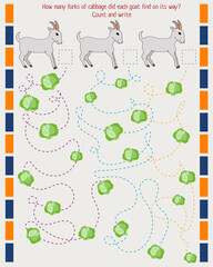 A game for children. count and write down how many each goat will find cabbage on its way