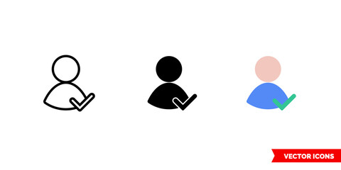Checked user skin icon of 3 types color, black and white, outline. Isolated vector sign symbol.