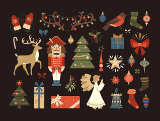 Merry Christmas and Happy New Year Retro Elements. Christmas Balls, Angel, Deer, Socksm Snowflakes, Gifts, Christmas Trees