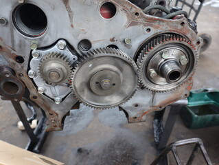 Close-up side view of Timing gear of diesel engine during its overhaul