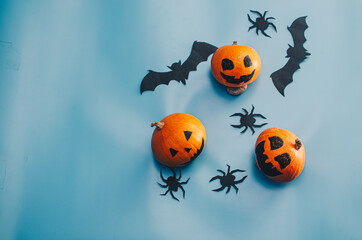 Halloween decoration pumkins on blue background