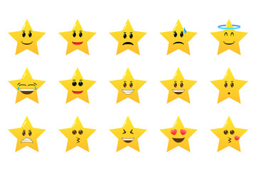 Collection of difference emoticon icon of cute star cartoon. Smile faces with various facial expressions. Cute emoji symbols for internet chatting.
