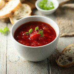Traditional homemade beetroot soup with fresh parsley
