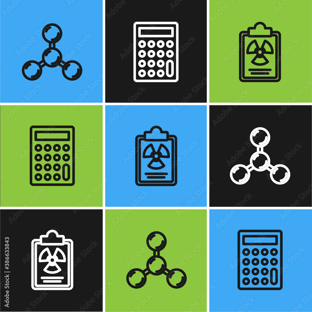 Poster set line molecule, radiation warning document and calculator icon. vector.