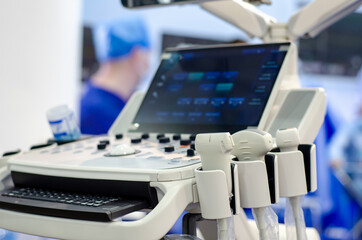 Close-up of ultrasound machine in clinic.