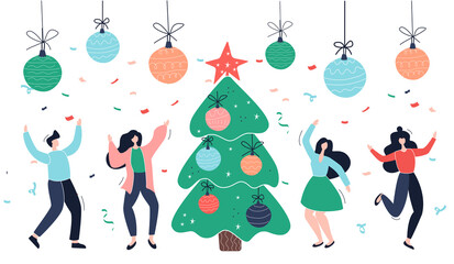 Happy business people at a corporate party celebrate Christmas and New Year 2021. funny people dancing and having fun. Set of modern vector symbols.