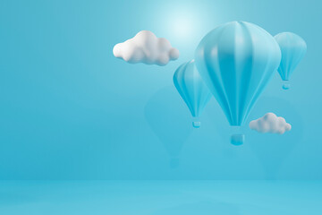 Obraz premium 3d render of blue hot air balloons on blue background ,travel concept.