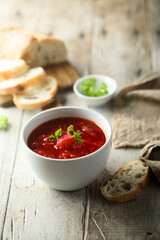 Traditional homemade beetroot soup with fresh parsley