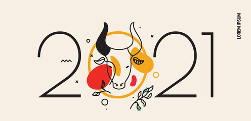 EPS Illustration for the new year 2021 with a drawn bull's head and an inscription. - 386634403
