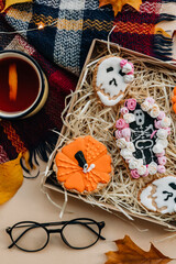 Top view of box with halloween cookies