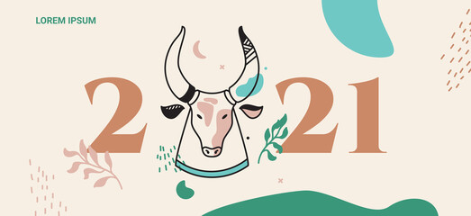 Boho illustration in the year of the bull. Happy new year 2020 greeting card for social networks. - 386634644