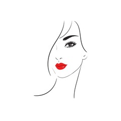 Beautiful woman face beauty. Woman with red lips.Logo for the cosmetic industry.Beauty concept. Vector Stock illustration.Fashion sketch isolated on white background.