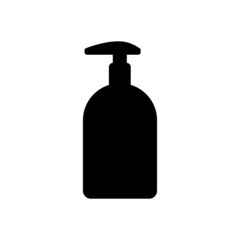Icon of bottle or container with pump dispenser of liquid. May represengt sanitizer, disinfectant, antiseptic, soap or cosmetic liquid, cream or lotion. Vector Illustration