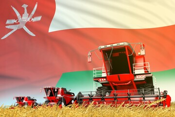Obraz premium red rural agricultural combine harvester on field with Oman flag background, food industry concept - industrial 3D illustration