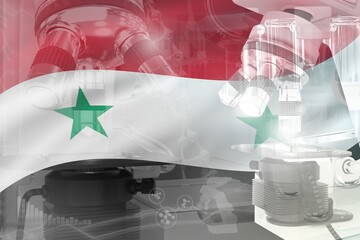 Syrian Arab Republic science development conceptual background - microscope on flag. Research in microbiology or pharmacy, 3D illustration of object