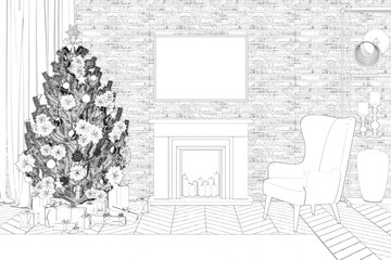 Sketch of the Christmas interior with a decorative fireplace with candles, a cozy armchair, a Christmas tree with gifts. A horizontal poster hangs on a brick wall above the fireplace. 3d render