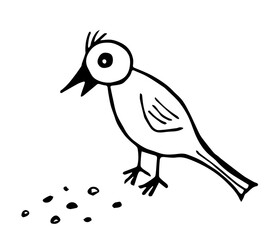 Simple hand-drawn vector drawing in black outline. Little bird pecks grain. Nature, ornithology.