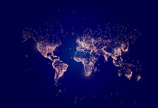 Earth night map. Vector illustration of cities lights from space. Dark globe map