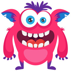 Fototapeta premium A one eyed red monster with small horns on head and open mouth, furry fuzzy monster 